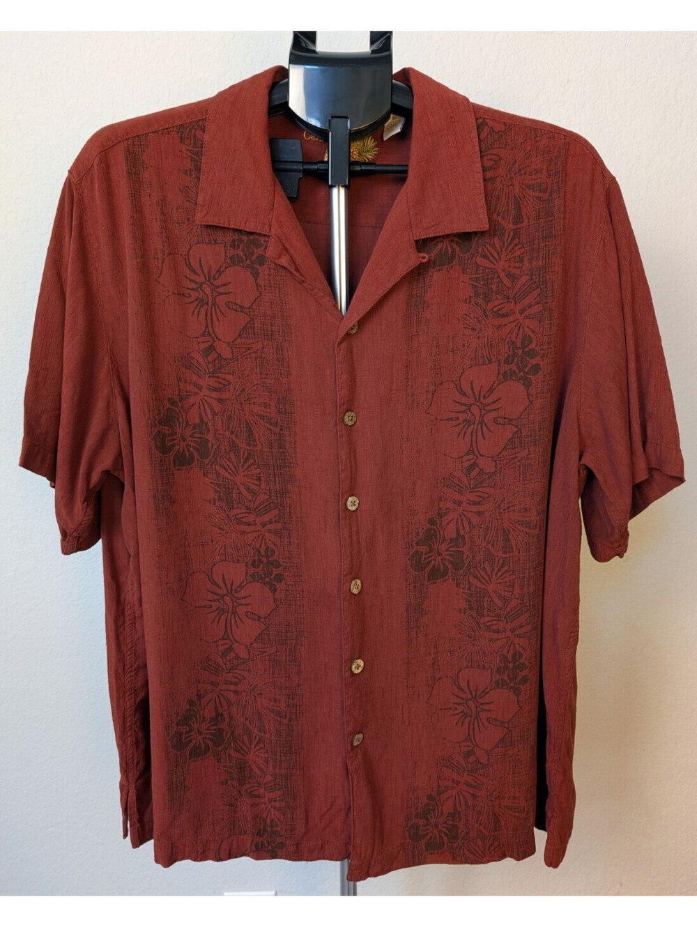 Resortwear Vibes Caribbean Silk Aloha Camp Shirt Rust Hibiscus XL